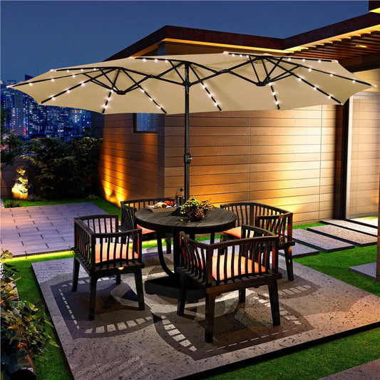 Yaheetech 13/15ft Double-Sided Patio Umbrella with 36 LED Lights, Crank & Base