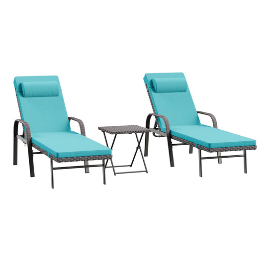 Kullavik 3-Piece Outdoor Chaise Lounge Set, Folding Pool Chairs with Table & Rattan Arms 中文：