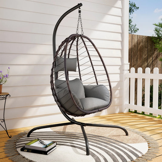 Wicker Rattan Egg Chair with Stand, 485lbs Capacity Hanging Swing Chair with Cushions